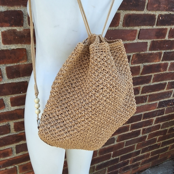 Tan Woven Paper Raffia Drawstring Backpack - Picture 4 of 15